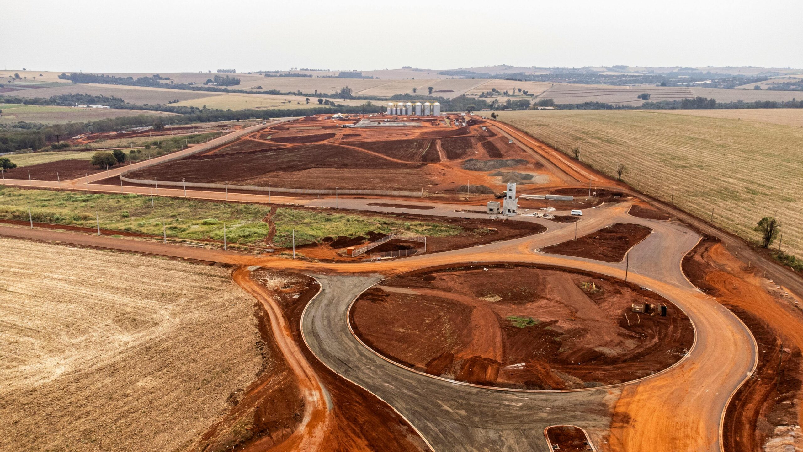 Aerial view of construction work in Londrina, Brazil, showcasing vast land development.